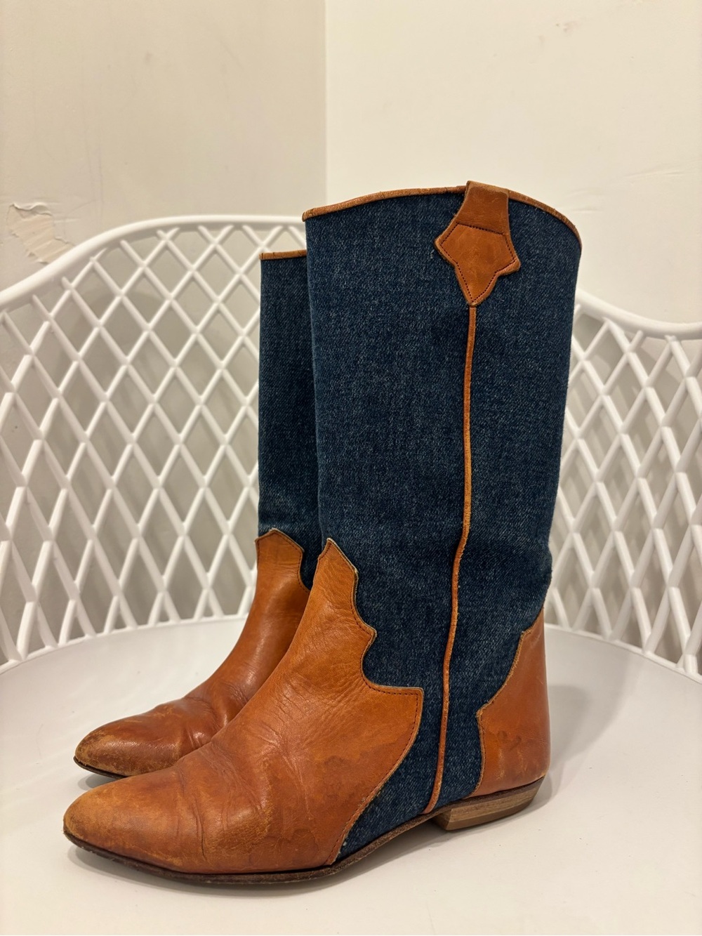 Vero Cuoio Brown Leather and Dark Blue Denim Western Boots
